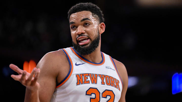 Oct 9, 2025; New York, New York, USA; New York Knicks center/forward Karl-Anthony Towns (32) reacts during the first half against the Minnesota Timberwolves at Madison Square Garden. Mandatory Credit: John Jones-Imagn Images