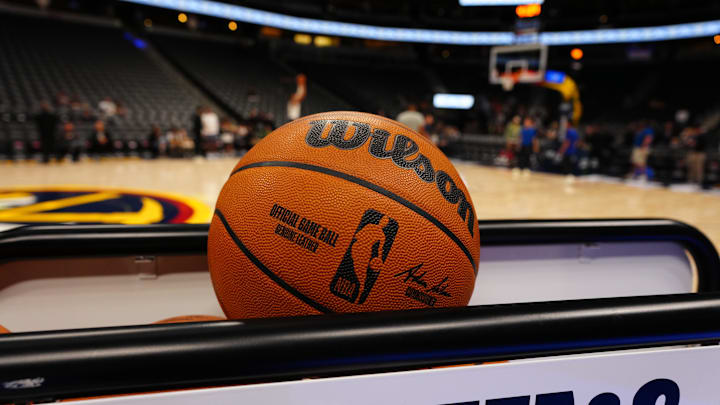 Oct 15, 2024; Denver, Colorado, USA; General view of a NBA Wilson basketball before the game between the Oklahoma City Thunder against the Denver Nuggets at Ball Arena. Mandatory Credit: Ron Chenoy-Imagn Images