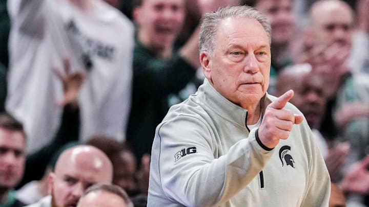 Michigan State Spartans head coach Tom Izzo points to his team after scoring Saturday, March 15, 2025, in a semifinals game at the 2025 TIAA Big Ten Men’s Basketball Tournament between the Michigan State Spartans and the Wisconsin Badgers at Gainbridge Fieldhouse in Indianapolis.