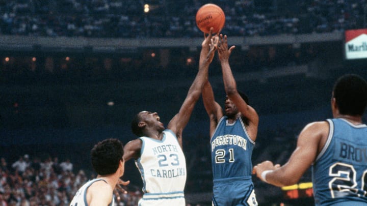 Michael Jordan blocking Sleepy Floyd in 1982 National Championship 