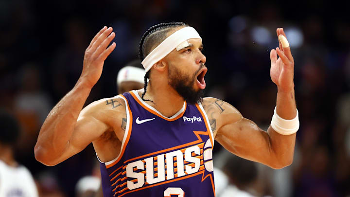 Oct. 22, 2025; Phoenix, Arizona, USA; Phoenix Suns forward Dillon Brooks (3) reacts against the Sacramento Kings at the Mortgage Matchup Center.