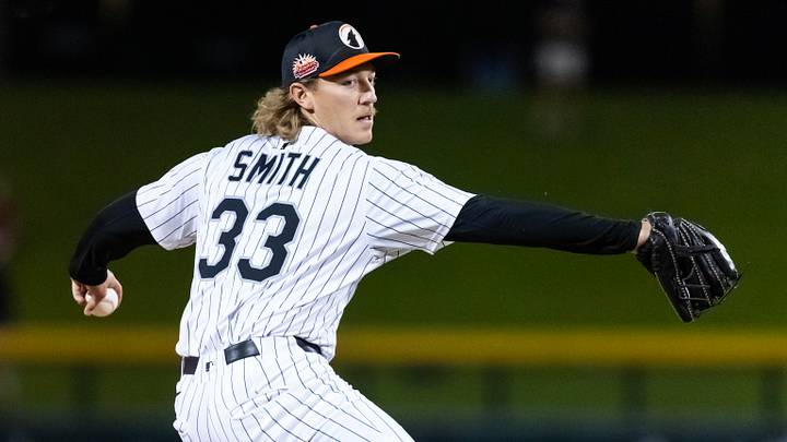 Nov 9, 2025; Mesa, AZ, USA; Chicago White Sox pitcher Hagen Smith during the Arizona Fall League Fall Stars Game at Sloan Park. Mandatory Credit: Mark J. Rebilas-Imagn Images