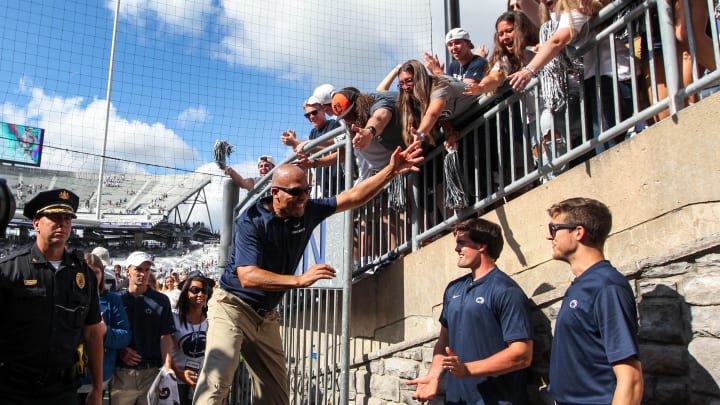 Penn State coach James Franklin celebrates with fans after a Nittany Lions victory at Beaver Stadium. 
