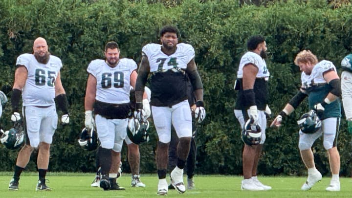Eagles offensive linemen from left to right: Lane Johnson, Landon Dickerson, Fred Johnson, Jordan Mailata, and Cam Jurgens.