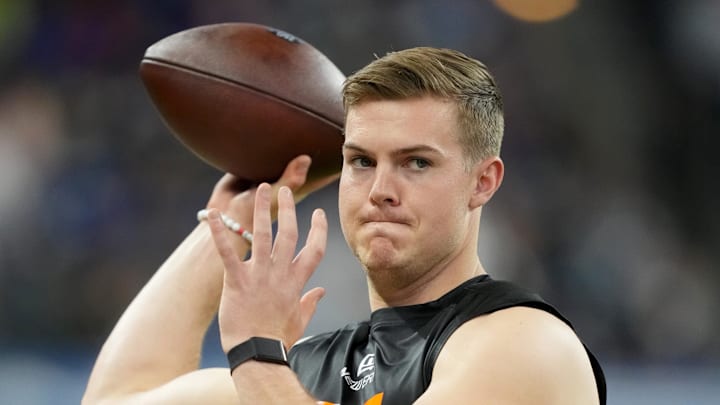 Mar 1, 2025; Indianapolis, IN, USA; Ohio State quarterback Will Howard (QB07) during the 2025 NFL Combine at Lucas Oil Stadium. Mandatory Credit: Kirby Lee-Imagn Images
