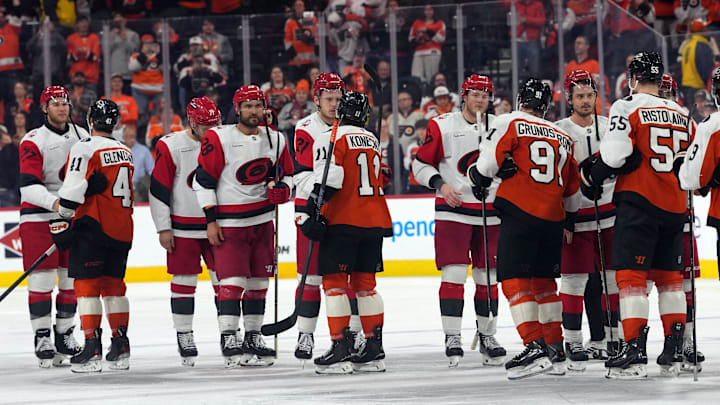 May 9, 2026; Philadelphia, Pennsylvania, USA; The Carolina Hurricanes and Philadelphia Flyers shake hands after game four of the second round of the 2026 Stanley Cup Playoffs at Xfinity Mobile Arena.