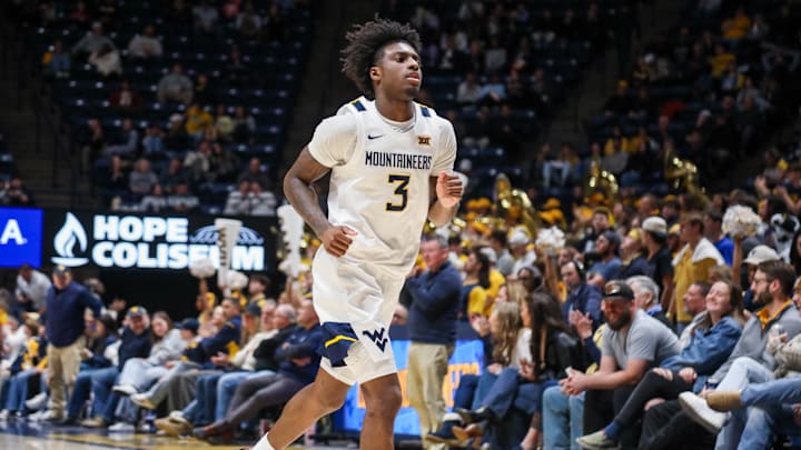 Dec 9, 2025; Morgantown, West Virginia, USA; West Virginia Mountaineers guard Honor Huff (3) runs off the floor at halftime against the Little Rock Trojans at Hope Coliseum. Mandatory Credit: Ben Queen-Imagn Images