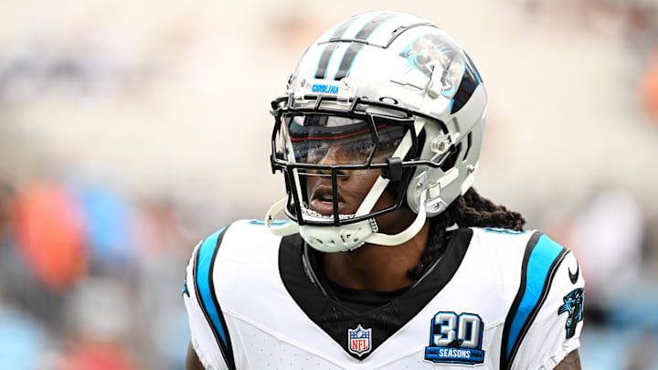Sep 29, 2024; Charlotte, North Carolina, USA; Carolina Panthers cornerback Jaycee Horn (8) during warm-ups at Bank of America Stadium. Mandatory Credit: Bob Donnan-Imagn Images