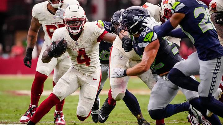 Arizona Cardinals running back Jeremiyah Love (4) runs against the Seattle Seahawks during a game at State Farm Stadium in Glendale, Ariz. on Sept. 20, 2026.