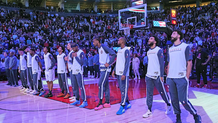 Mar 8, 2025; Toronto, Ontario, CAN; The Washington Wizards players stand during the United States national anthem before a game against the Toronto Raptors at Scotiabank Arena. Mandatory Credit: Nick Turchiaro-Imagn Images