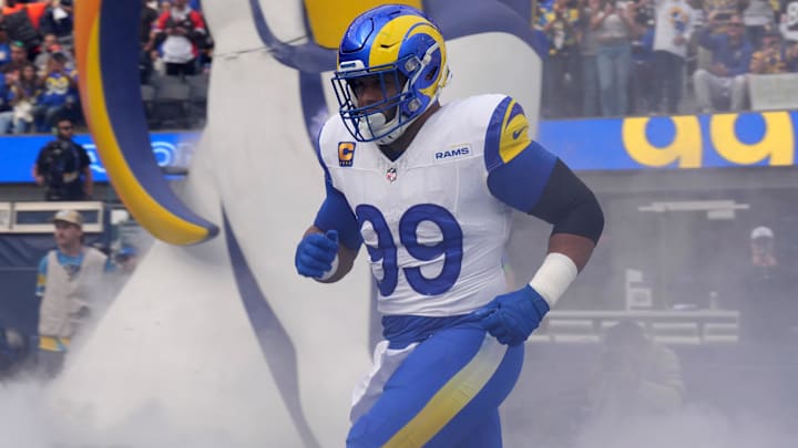 Dec 3, 2023; Inglewood, California, USA; Los Angeles Rams defensive tackle Aaron Donald (99) enters