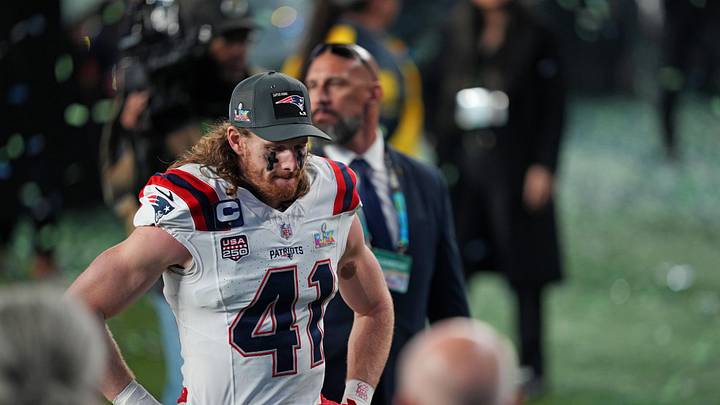 Feb 8, 2026; Santa Clara, CA, USA; New England Patriots safety Brenden Schooler (41) exits the field after the loss against the Seattle Seahawks in Super Bowl LX at Levi's Stadium. Mandatory Credit: Darren Yamashita-Imagn Images