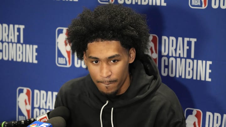 May 14, 2025; Chicago, Il, USA; Dylan Harper talks to the media during the 2025 NBA Draft Combine at Marriott Marquis Chicago. Mandatory Credit: David Banks-Imagn Images
