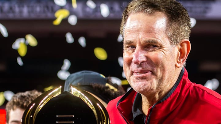 Indiana Head Coach Curt Cignetti smiles on the podium after the College Football Playoff National Championship college football game at Hard Rock Stadium in Miami Gardens on Monday, Jan. 19, 2026. Indiana Head Coach Curt Cignetti smiles on the podium after the College Football Playoff National Championship college football game at Hard Rock Stadium in Miami Gardens on Monday, Jan. 19, 2026.