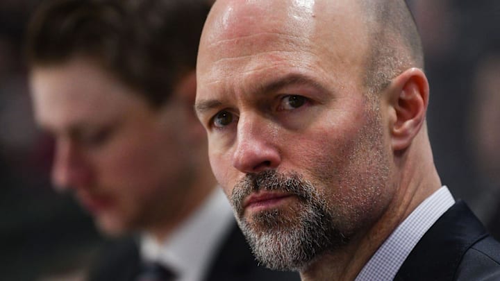 St. Cloud State head coach Brett Larson watches the action in the second period during the NCHC Frozen Faceoff semifinals Friday, March 22, at the Xcel Energy Center in St. Paul. 

Scsu Hock 13