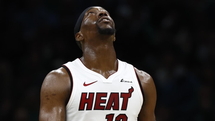 May 1, 2024; Boston, Massachusetts, USA; Miami Heat center Bam Adebayo (13) looks towards the scoreboard as he heads up court during the third quarter of game five of the first round of the 2024 NBA playoffs against the Boston Celtics at TD Garden. Mandatory Credit: Winslow Townson-USA TODAY Sports