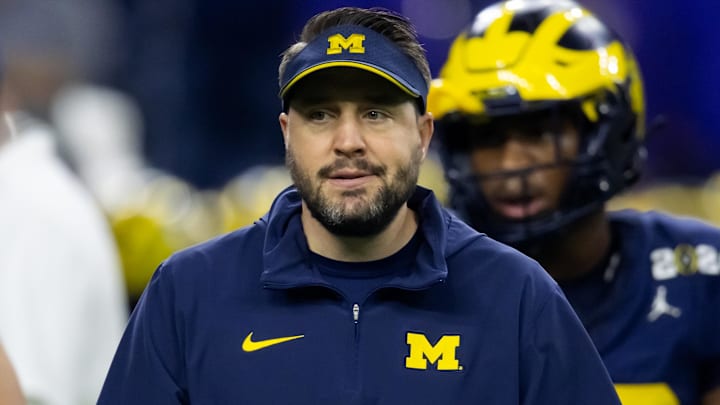 Jan 8, 2024; Houston, TX, USA; Michigan Wolverines quarterbacks coach Kirk Campbell against the Washington Huskies during the 2024 College Football Playoff national championship game at NRG Stadium. Mandatory Credit: Mark J. Rebilas-USA TODAY Sports
