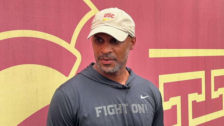Defensive coordinator D'Anton Lynn speaks to the media after USC Fall Camp. 