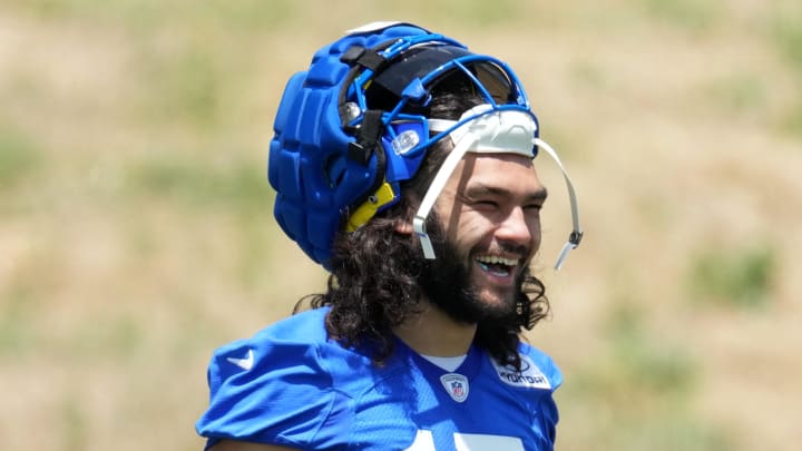 May 21, 2024, Thousand Oaks, California, USA; Los Angeles Rams wide receiver Puka Nacua (17) during organized team activities at Cal Lutheran University. Mandatory Credit: Kirby Lee-USA TODAY Sports