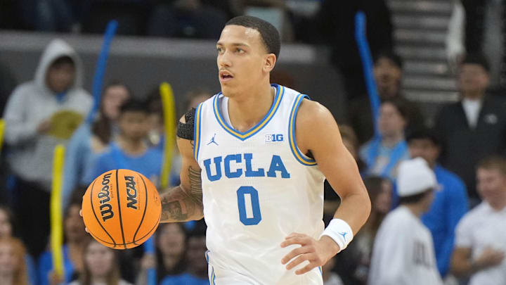Nov 15, 2024; Los Angeles, California, USA; UCLA Bruins guard Kobe Johnson (0) dribbles the ball against the Lehigh Mountain Hawks in the second half at Pauley Pavilion presented by Wescom. Mandatory Credit: Kirby Lee-Imagn Images Nov 15, 2024; Los Angeles, California, USA; UCLA Bruins guard Kobe Johnson (0) dribbles the ball against the Lehigh Mountain Hawks in the second half at Pauley Pavilion presented by Wescom. Mandatory Credit: Kirby Lee-Imagn Images