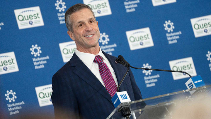New Giants Head Coach John Harbaugh speaks during a press conference welcoming Harbaugh at the Quest Diagnostics Training Center in East Rutherford on Tuesday, Jan. 20, 2025. New Giants Head Coach John Harbaugh speaks during a press conference welcoming Harbaugh at the Quest Diagnostics Training Center in East Rutherford on Tuesday, Jan. 20, 2025.