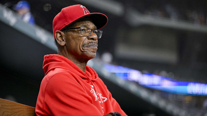 Sep 5, 2024; Arlington, Texas, USA; Los Angeles Angels manager Ron Washington (37) looks on from the dugout before the game against the Texas Rangers at Globe Life Field. Mandatory Credit: Jerome Miron-Imagn Images Sep 5, 2024; Arlington, Texas, USA; Los Angeles Angels manager Ron Washington (37) looks on from the dugout before the game against the Texas Rangers at Globe Life Field. Mandatory Credit: Jerome Miron-Imagn Images