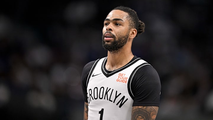 Mar 31, 2025; Dallas, Texas, USA; Brooklyn Nets guard D'Angelo Russell (1) during the game between the Dallas Mavericks and the Brooklyn Nets at the American Airlines Center. Mandatory Credit: Jerome Miron-Imagn Images