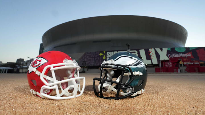 Feb 7, 2025; New Orleans, LA, USA; A general overall view of Kansas City Chiefs and Philadelphia Eagles helmets at the Caesars Superdome, the site of the Super Bowl LIX between the Kansas City Chiefs and the Philadelphia Eagles. Mandatory Credit: Kirby Lee-Imagn Images