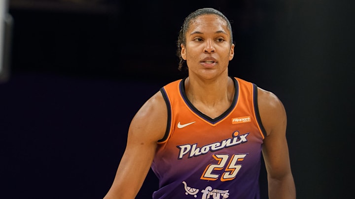 Aug 30, 2025; Phoenix, Arizona, USA; Phoenix Mercury forward Alyssa Thomas (25) drives the ball down court in the first half against the New York Liberty at Footprint Center. Mandatory Credit: Allan Henry-Imagn Images