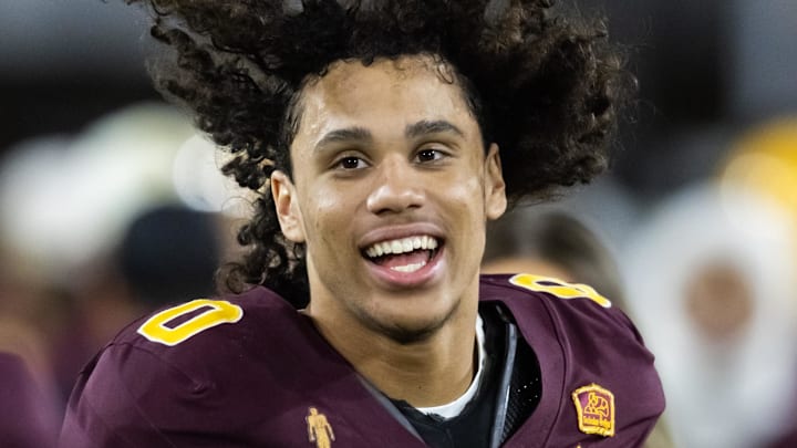 Nov 28, 2025; Tempe, Arizona, USA; Arizona State Sun Devils wide receiver Jordyn Tyson (0) against the Arizona Wildcats during the 99th Territorial Cup at Mountain America Stadium. Mandatory Credit: Mark J. Rebilas-Imagn Images