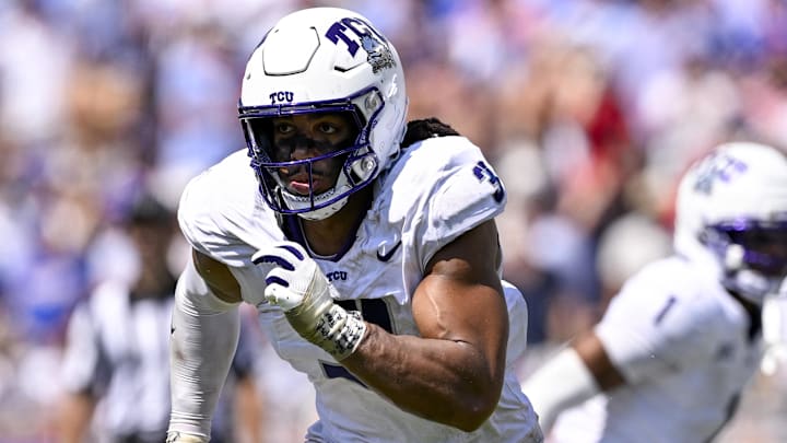 TCU Horned Frogs linebacker Kaleb Elarms-Orr (3) rushes the line during the game between the TCU Horned Frogs and the SMU Mustangs at Amon G. Carter Stadium.