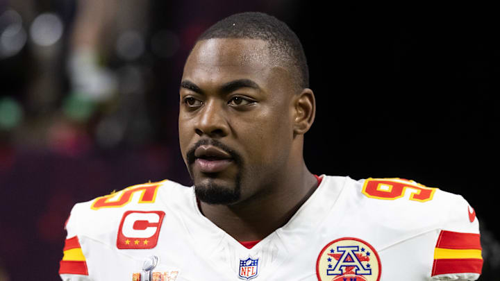 Feb 9, 2025; New Orleans, LA, USA;  Kansas City Chiefs defensive tackle Chris Jones (95) against the Philadelphia Eagles in Super Bowl LIX at Ceasars Superdome. Mandatory Credit: Mark J. Rebilas-Imagn Images
