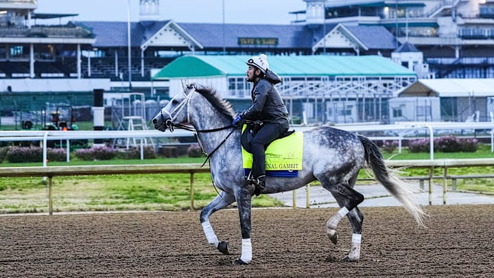 Kentucky Derby 151 contender Final Gambit takes to the track for a workout at Churchill Downs in Louisville, Kentucky on Monday, April 21, 2025. 