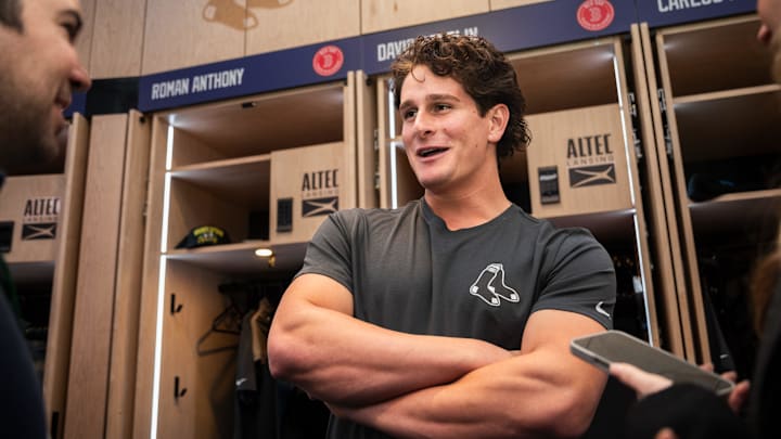 Roman Anthony answers questions during the Red Sox Rookie Development Program media day at Fenway Park on Tuesday.