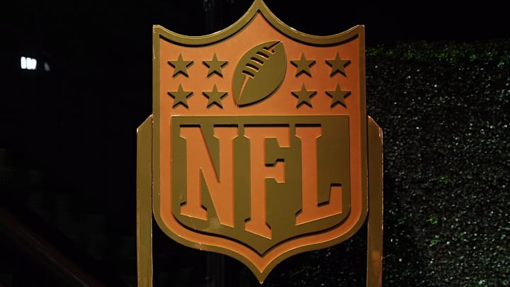 Feb 5, 2026; San Francisco, CA, USA; A NFL shield logo at the NFL Honors Red Carpet before Super Bowl LX at Palace of Fine Arts. Mandatory Credit: Kirby Lee-Imagn Images