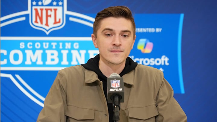 Feb 25, 2025; Indianapolis, IN, USA; Jacksonville Jaguars general manger James Gladstone speaks during the NFL Scouting Combine at the Indiana Convention Center. Mandatory Credit: Kirby Lee-Imagn Images