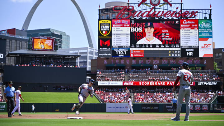 May 19, 2024; St. Louis, Missouri, USA; Boston Red Sox designated hitter Tyler O'Neill (17) reacts as he runs the bases after hitting a solo home run against the St. Louis Cardinals during the first inning at Busch Stadium. Mandatory Credit: Jeff Curry-USA TODAY Sports May 19, 2024; St. Louis, Missouri, USA; Boston Red Sox designated hitter Tyler O'Neill (17) reacts as he runs the bases after hitting a solo home run against the St. Louis Cardinals during the first inning at Busch Stadium. Mandatory Credit: Jeff Curry-USA TODAY Sports