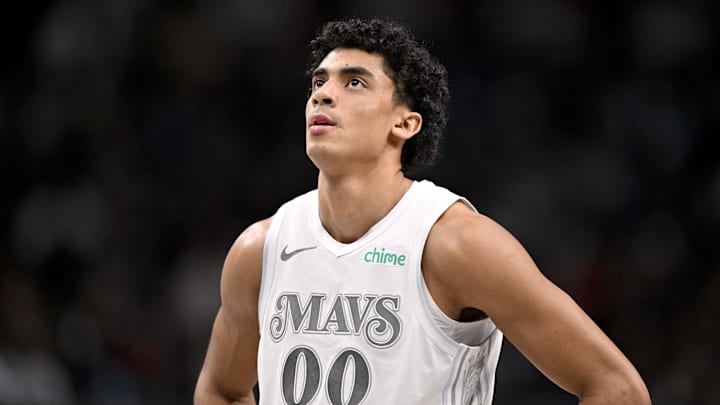 Feb 21, 2025; Dallas, Texas, USA; Dallas Mavericks guard Max Christie (00) looks on during the second half of the game against the New Orleans Pelicans at the American Airlines Center. Mandatory Credit: Jerome Miron-Imagn Images
