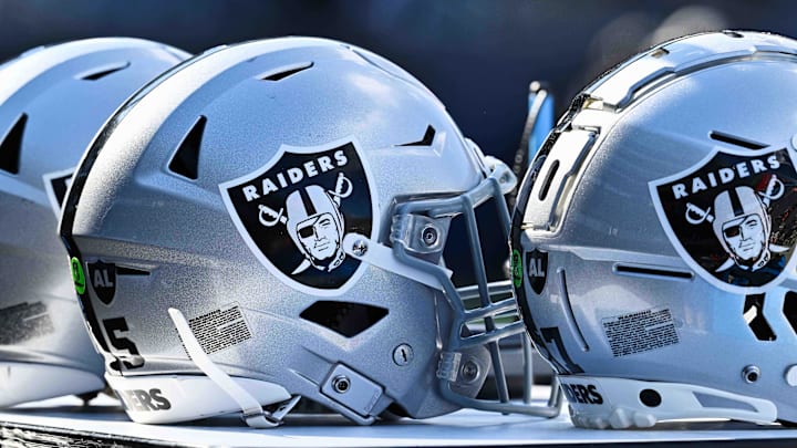 Oct 22, 2023; Chicago, Illinois, USA; A detail view of Las Vegas Raiders helmets before a game against the Chicago Bears at Soldier Field. Mandatory Credit: Jamie Sabau-USA TODAY Sports Oct 22, 2023; Chicago, Illinois, USA; A detail view of Las Vegas Raiders helmets before a game against the Chicago Bears at Soldier Field. Mandatory Credit: Jamie Sabau-USA TODAY Sports