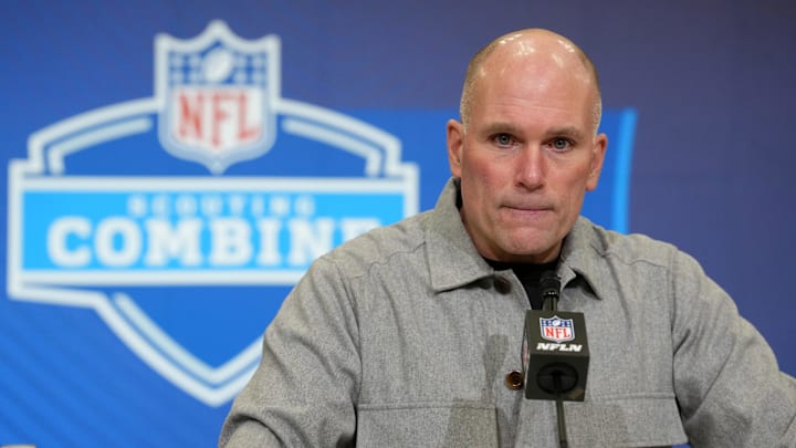 Feb 24, 2026; Indianapolis, IN, USA; Baltimore Ravens general manager Eric DeCosta speaks at the NFL Scouting Combine at the Indiana Convention Center. Mandatory Credit: Kirby Lee-Imagn Images