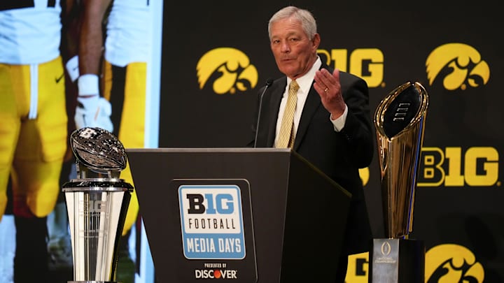 Jul 24, 2025; Las Vegas, NV, USA; Iowa head coach Kirk Ferentz speaks to the media during the Big Ten NCAA college football media days at Mandalay Bay Resort. Mandatory Credit: Lucas Peltier-Imagn Images Jul 24, 2025; Las Vegas, NV, USA; Iowa head coach Kirk Ferentz speaks to the media during the Big Ten NCAA college football media days at Mandalay Bay Resort. Mandatory Credit: Lucas Peltier-Imagn Images