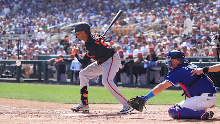 Mar 1, 2025; Phoenix, Arizona, USA; San Francisco Giants second baseman Sergio Alcantara (50) bats against the Los Angeles Dodgers during the second inning at Camelback Ranch-Glendale. Mandatory Credit: Joe Camporeale-Imagn Images Mar 1, 2025; Phoenix, Arizona, USA; San Francisco Giants second baseman Sergio Alcantara (50) bats against the Los Angeles Dodgers during the second inning at Camelback Ranch-Glendale. Mandatory Credit: Joe Camporeale-Imagn Images