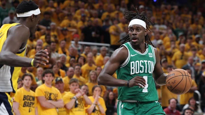 May 25, 2024; Indianapolis, Indiana, USA; Boston Celtics guard Jrue Holiday (4) controls the ball against the Indiana Pacers during the fourth quarter of game three of the eastern conference finals in the 2024 NBA playoffs at Gainbridge Fieldhouse. Mandatory Credit: Trevor Ruszkowski-USA TODAY Sports