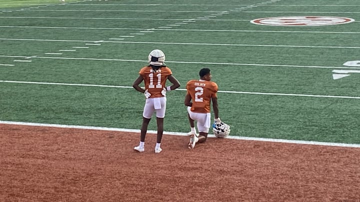 Texas Longhorns receivers Silas Bolden and Matthew Golden look on during an open viewing portion of practice on Dec. 16 in Austin. 