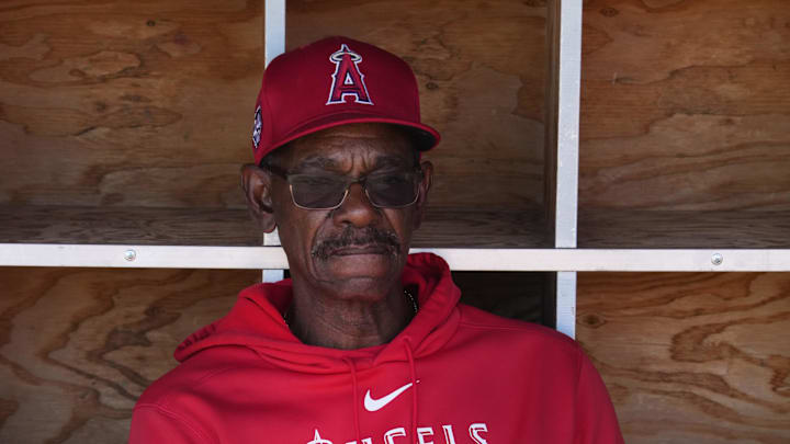 Mar 22, 2024; Tempe, Arizona, USA; Los Angeles Angels manager Ron Washington gets ready for a game against the Chicago White Sox   at Tempe Diablo Stadium. Mandatory Credit: Rick Scuteri-Imagn Images