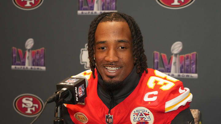 Feb 7, 2024; Las Vegas, NV, USA; Kansas City Chiefs cornerback L'Jarius Sneed (38) during a press conference before Super Bowl LVIII at Westin Lake Las Vegas Resort and Spa. Mandatory Credit: Kirby Lee-Imagn Images