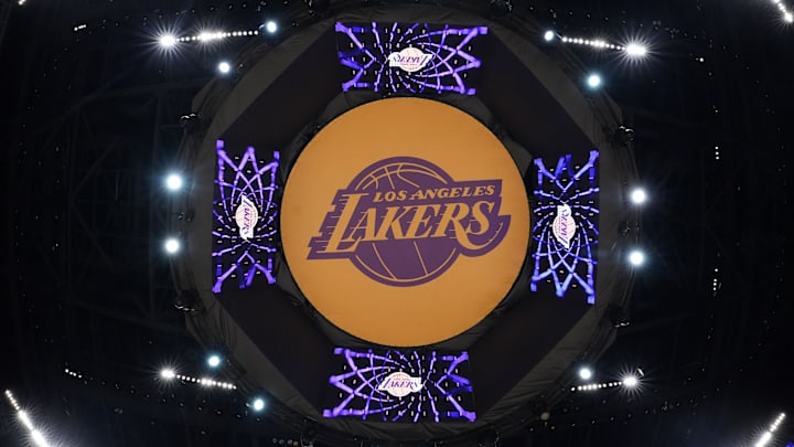 Apr 9, 2024; Los Angeles, California, USA; The Los Angeles Lakers logo on the video board at Crypto.com Arena. Mandatory Credit: Kirby Lee-Imagn Images