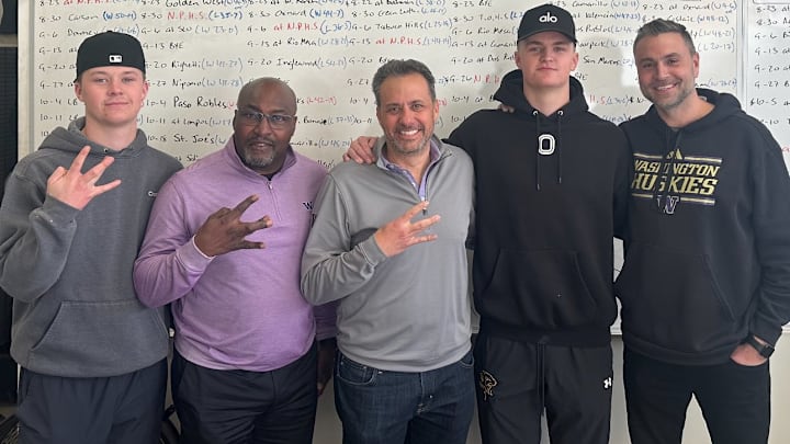 California QB recruit Brady Smigiel, second from right, meets with UW coaches Scottie Graham, Jedd Fisch and Jimmie Dougherty. California QB recruit Brady Smigiel, second from right, meets with UW coaches Scottie Graham, Jedd Fisch and Jimmie Dougherty.