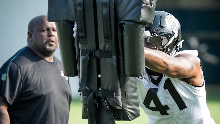 Jacksonville Jaguars defensive end Josh Hines-Allen (41) runs through drills during the seventh organized team activity at the Miller Electric Center in Jacksonville, Fla. Monday, June 2, 2025. [Doug Engle/Florida Times-Union]