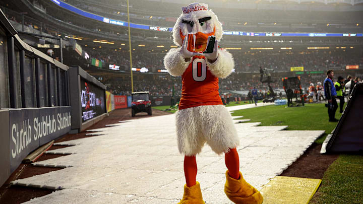 Dec 28, 2023; Bronx, NY, USA; Miami Hurricanes mascot Sebastian the Ibis poses for a photo during the second half of the 2023 Pinstripe Bowl against the Rutgers Scarlet Knights at Yankee Stadium. Mandatory Credit: Vincent Carchietta-USA TODAY Sports